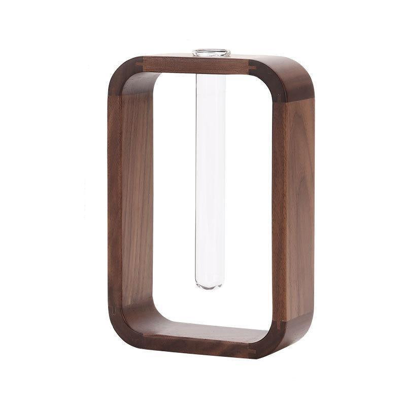 Houten propagatievaas van walnotenhout en glas