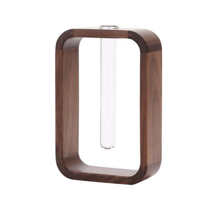 Houten propagatievaas van walnotenhout en glas